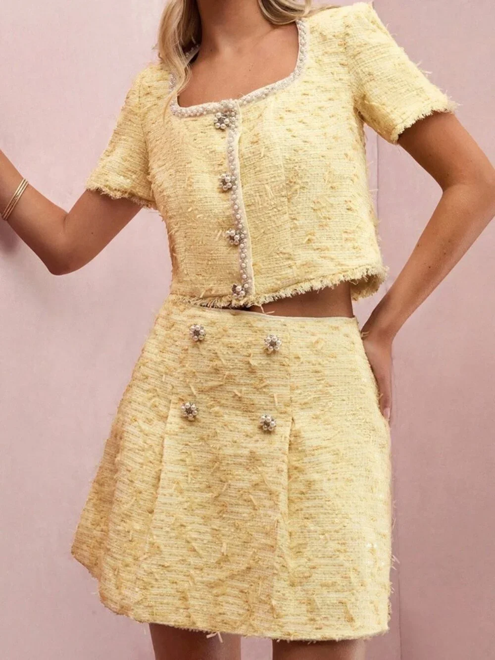 Yellow Casual Women's Tweed Pearl Short Sleeve Jacket